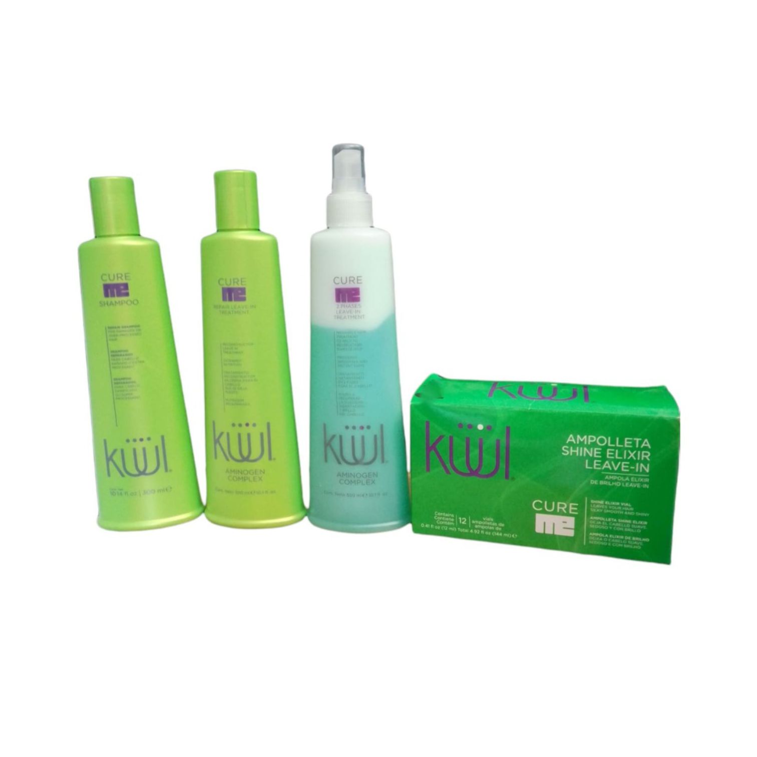 Kuul Cure me shampoo 300ml + cure me repair leave-in treatment 300ml + amp shine elixir + dos fases 300ml