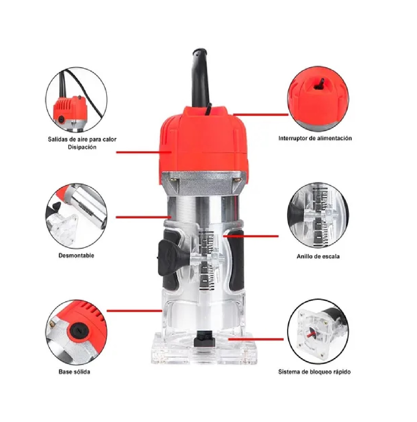 Router Rebajadora Bordes Madera Eléctrico Roja