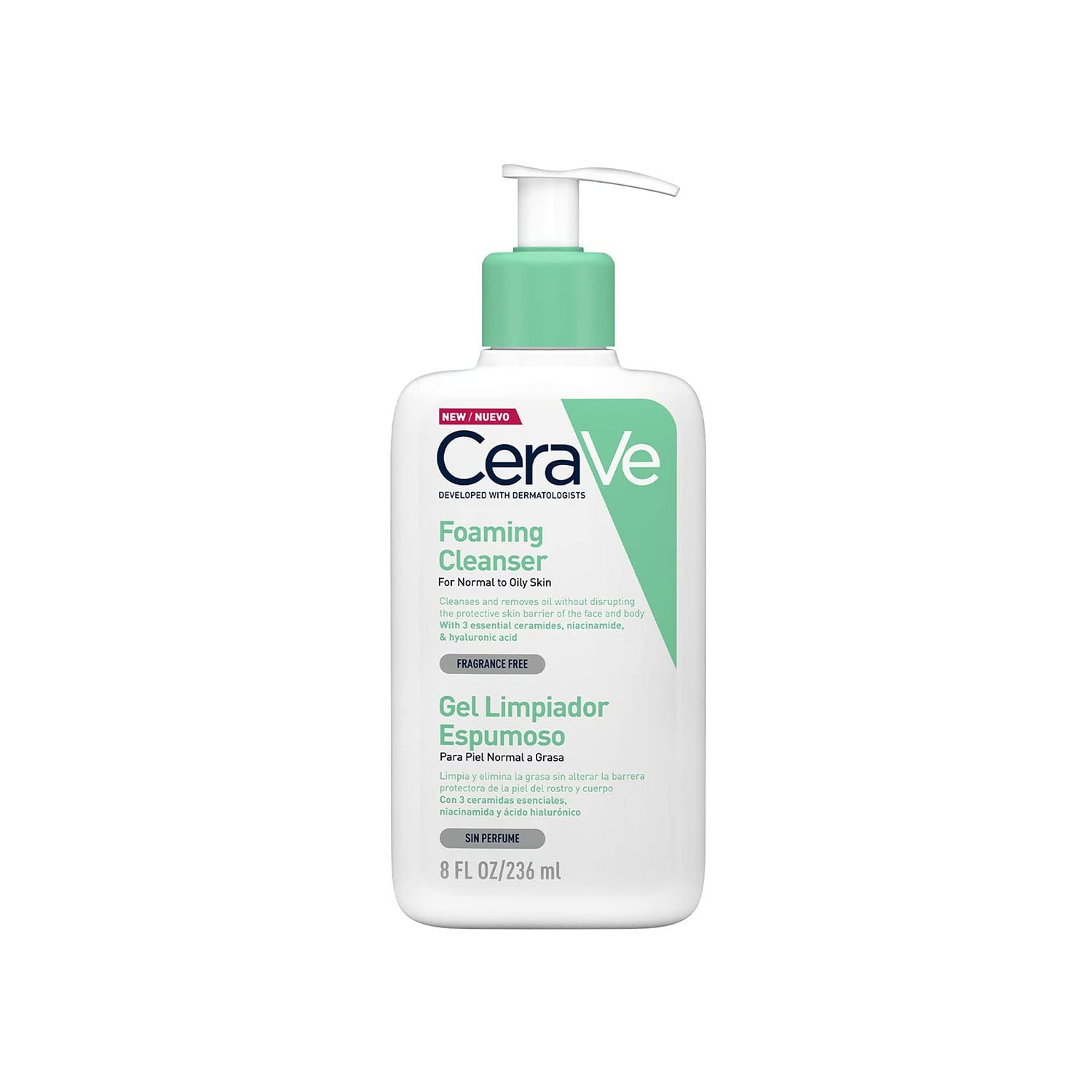 CeraVe Gel Limpiador Espumoso |236ml| Limpiador diario para piel mixta, grasa o con acné | Libre de fragancia