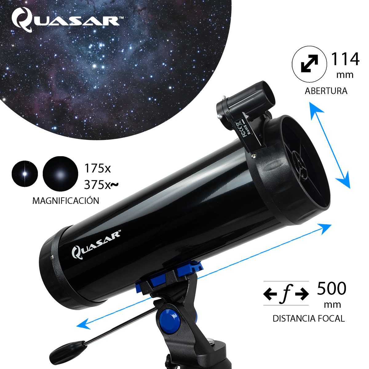 Telescopio Quasar Starter Q114 375x Con Adaptador Smartphone