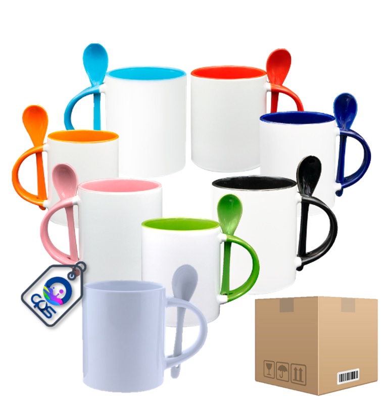 Taza Blanca de 11oz. con asa, interior y cuchara de color, 36 piezas.