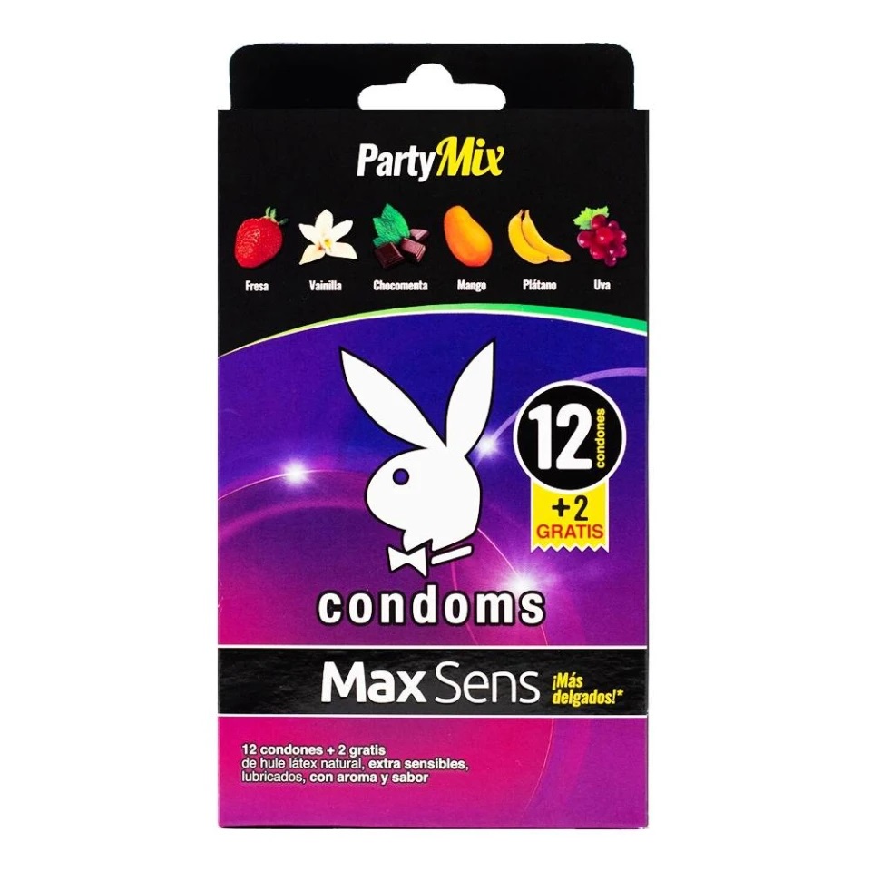 Caja con 12 Condones Playboy Extra Sensibles Con Aroma Y Sabor + 2 condones de regalo, Party Mix