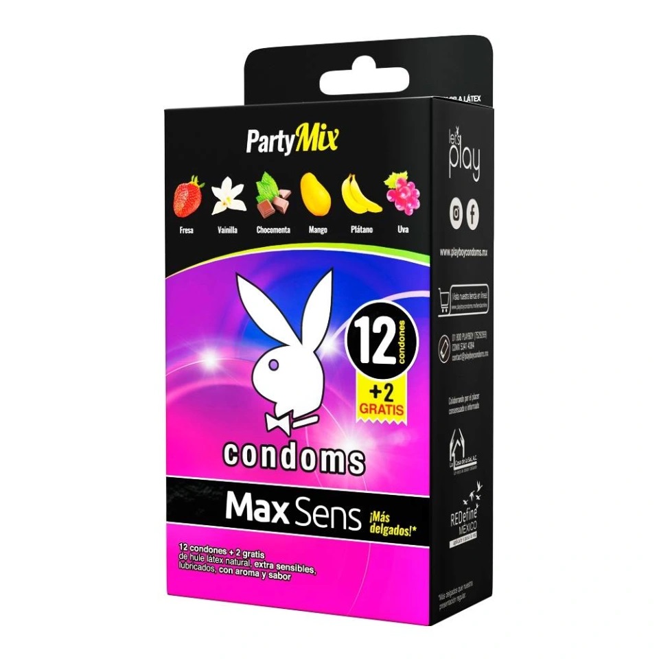 Caja con 12 Condones Playboy Extra Sensibles Con Aroma Y Sabor + 2 condones de regalo, Party Mix
