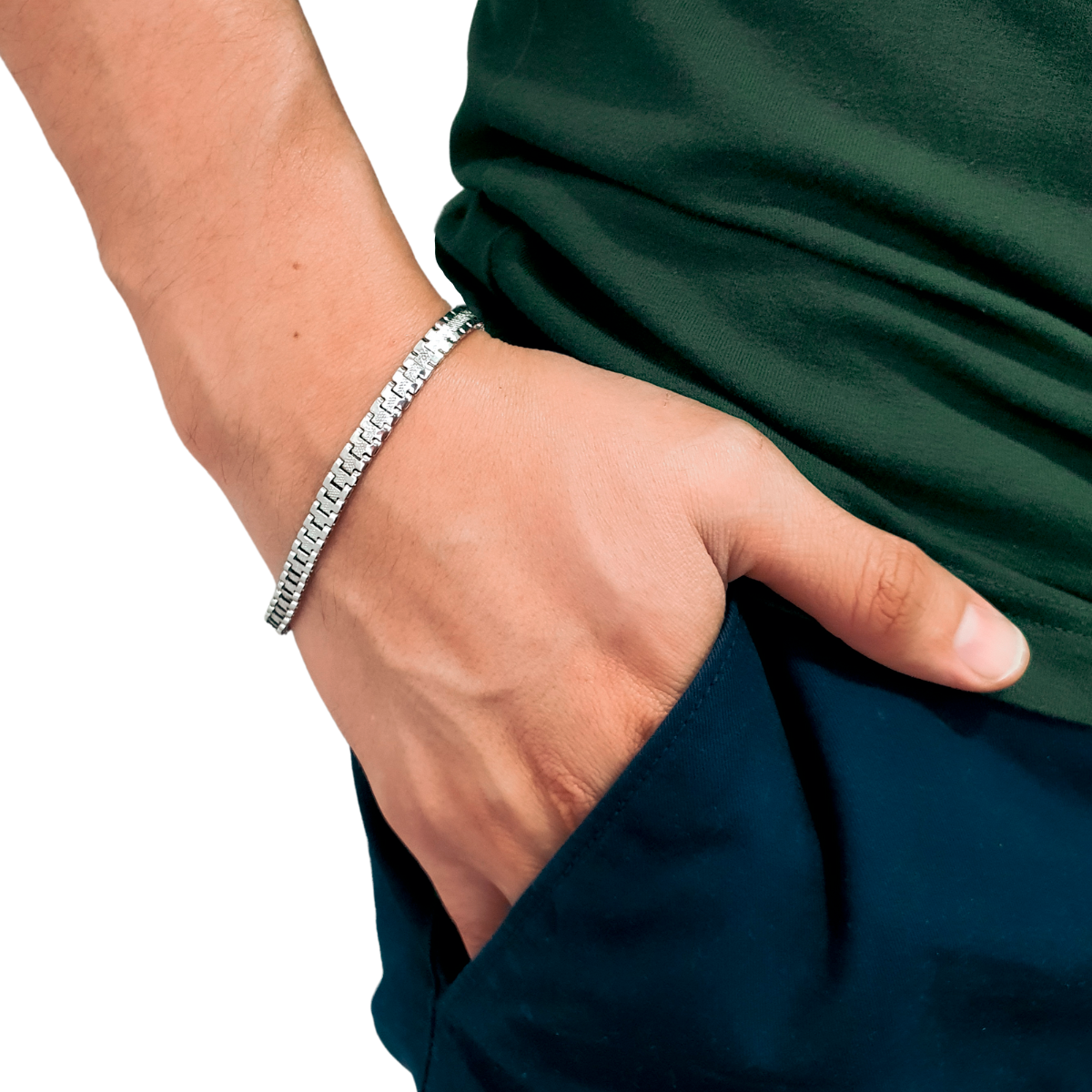 Pulsera Esclava Plata Hombre Tejido De Reloj Con Rodio