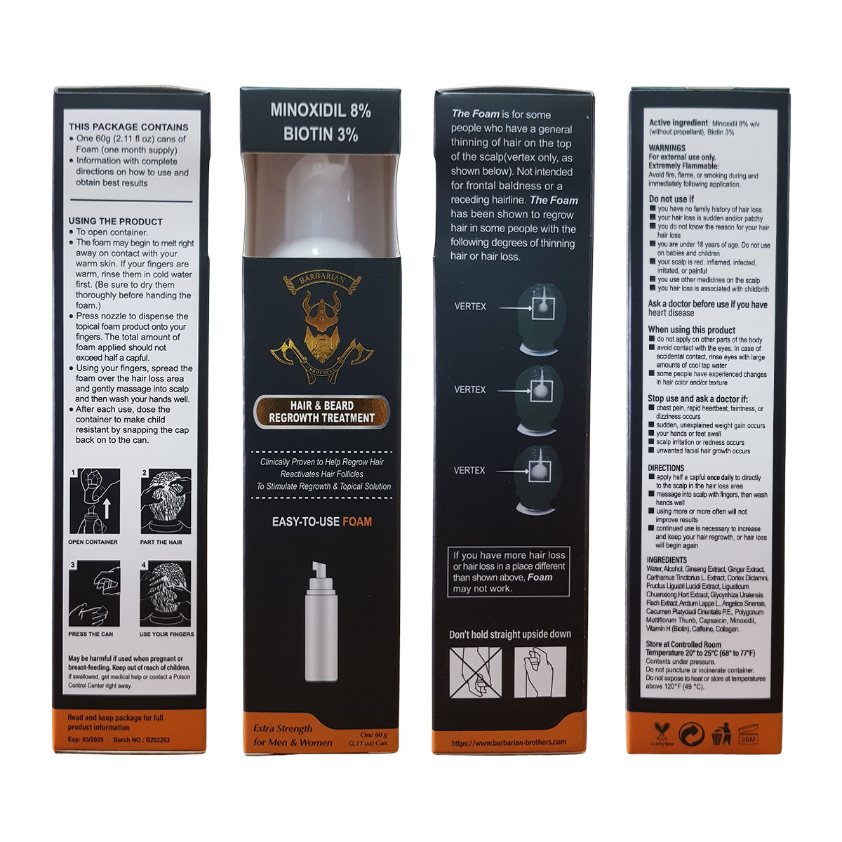 Minoxidil 8% + Biotina 3% Espuma 60ml 3 Frascos