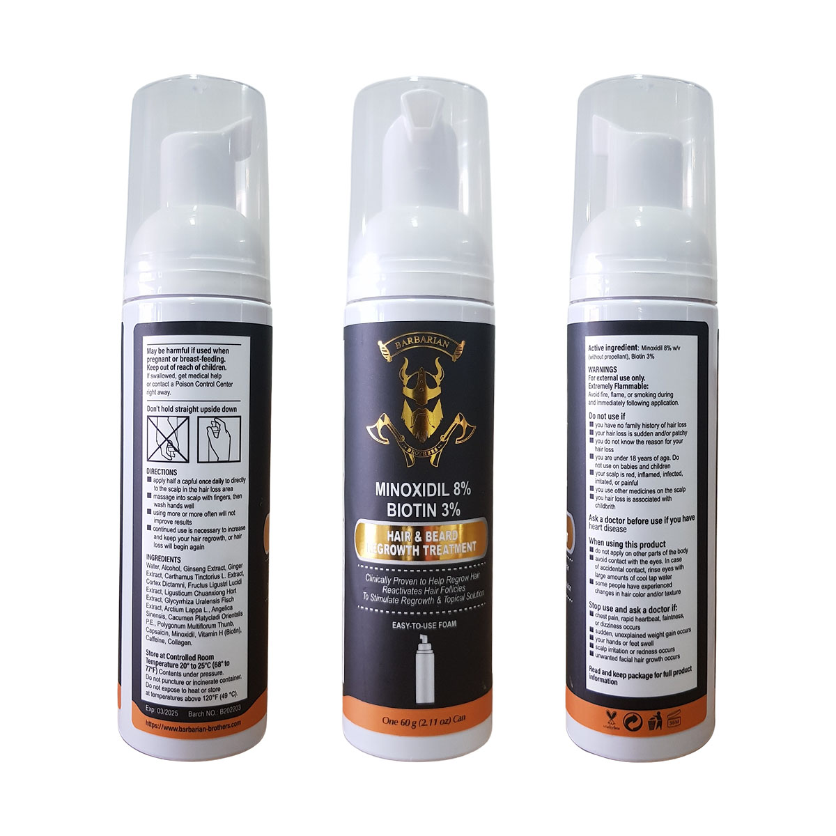Minoxidil 8% + Biotina 3% Espuma 60ml 3 Frascos