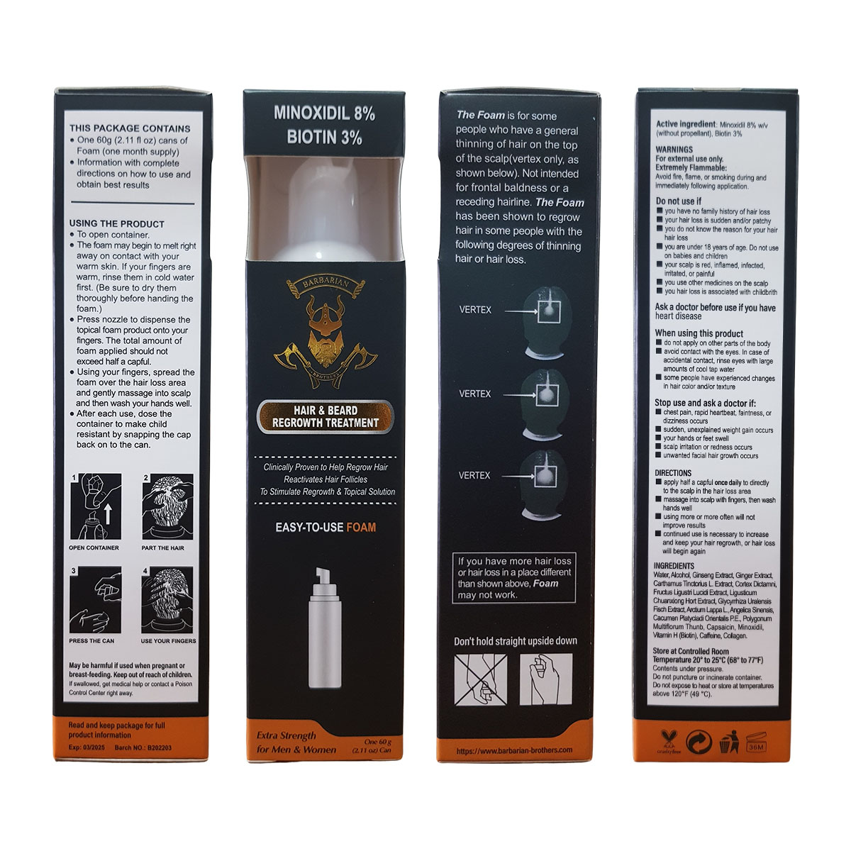 Minoxidil 8% + Biotina 3% Espuma 60ml 6 Frascos