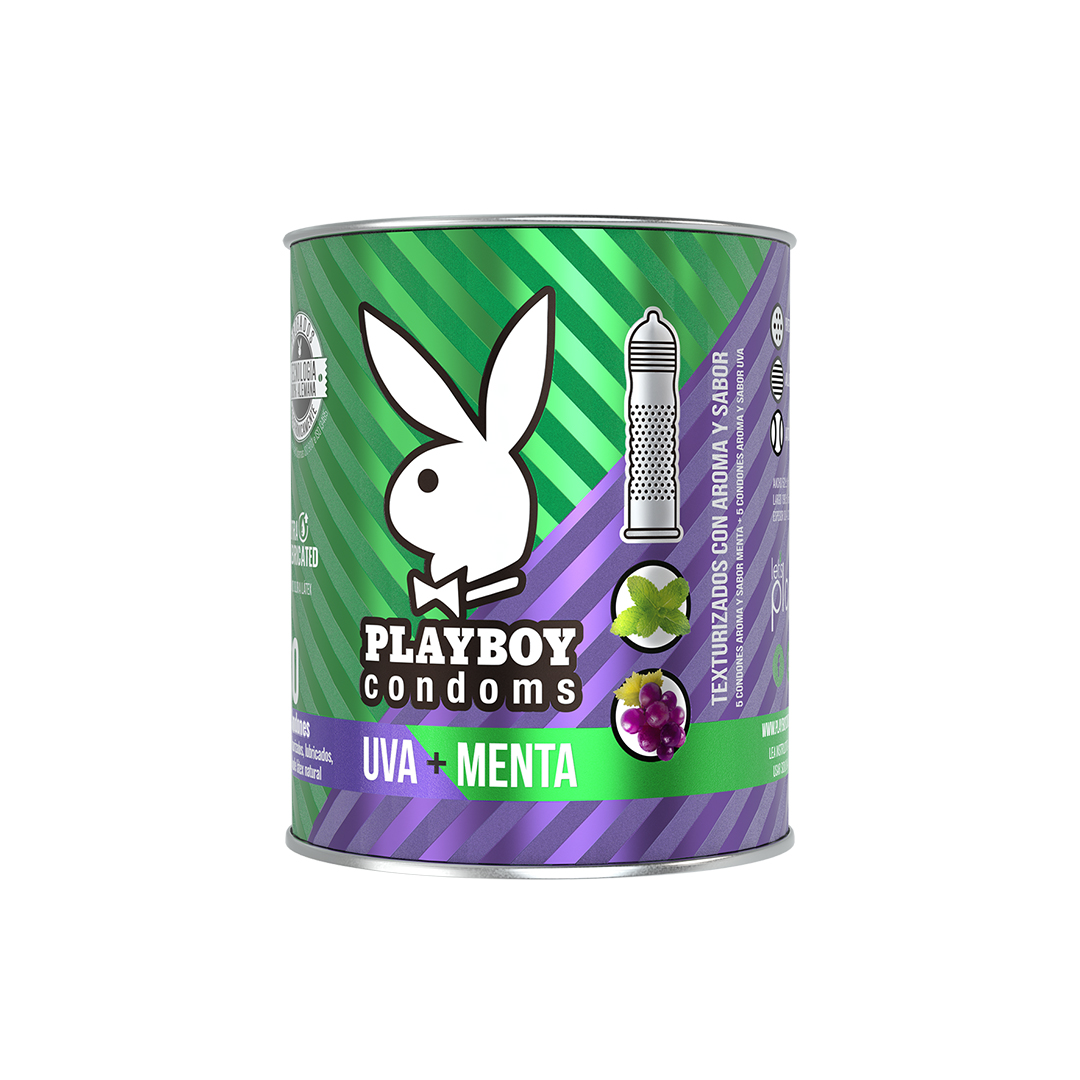 Lata De 10 Condones Playboy Texturizados con Sabor Menta Y Uva