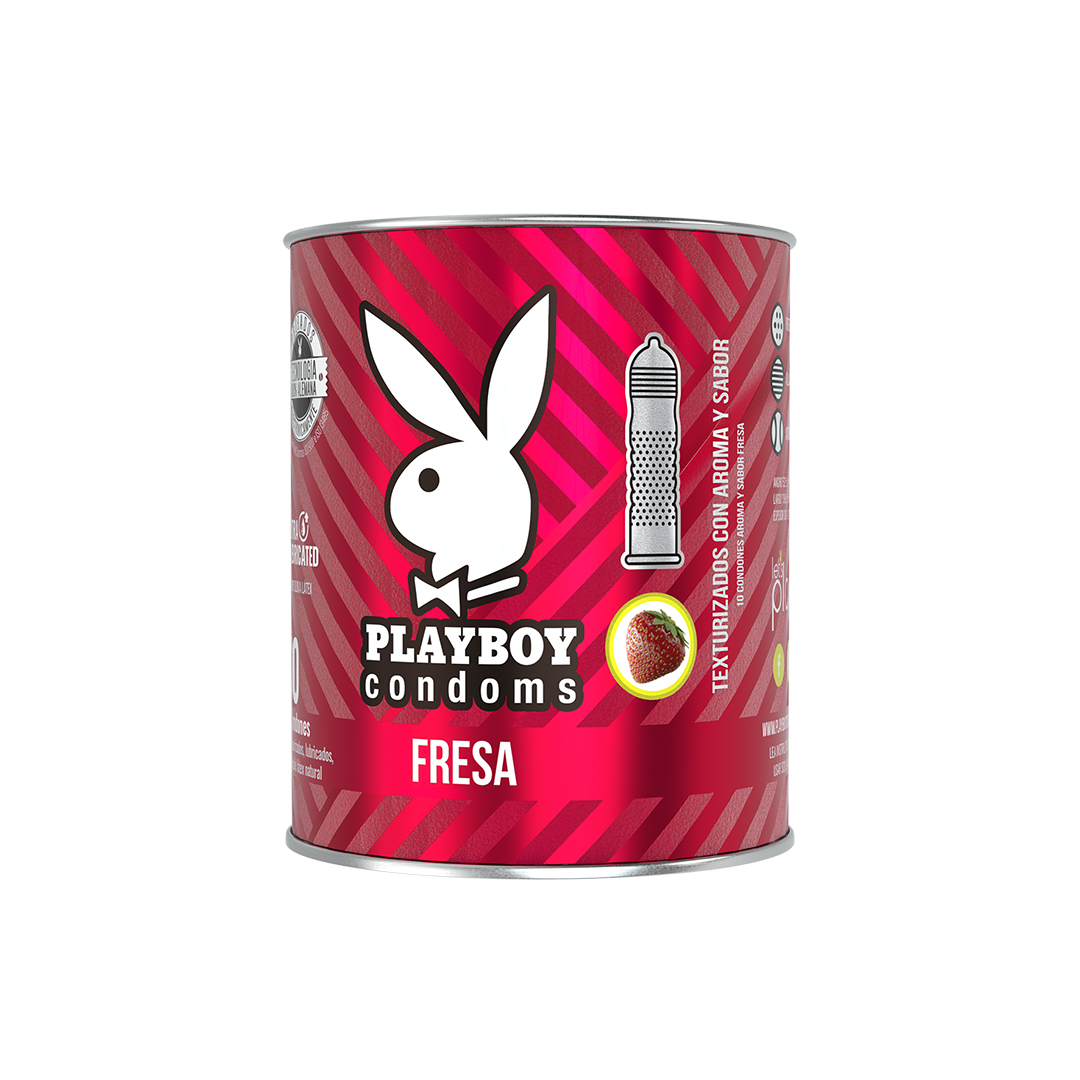 Lata De 10 Condones Playboy Texturizados con Sabor Fresa