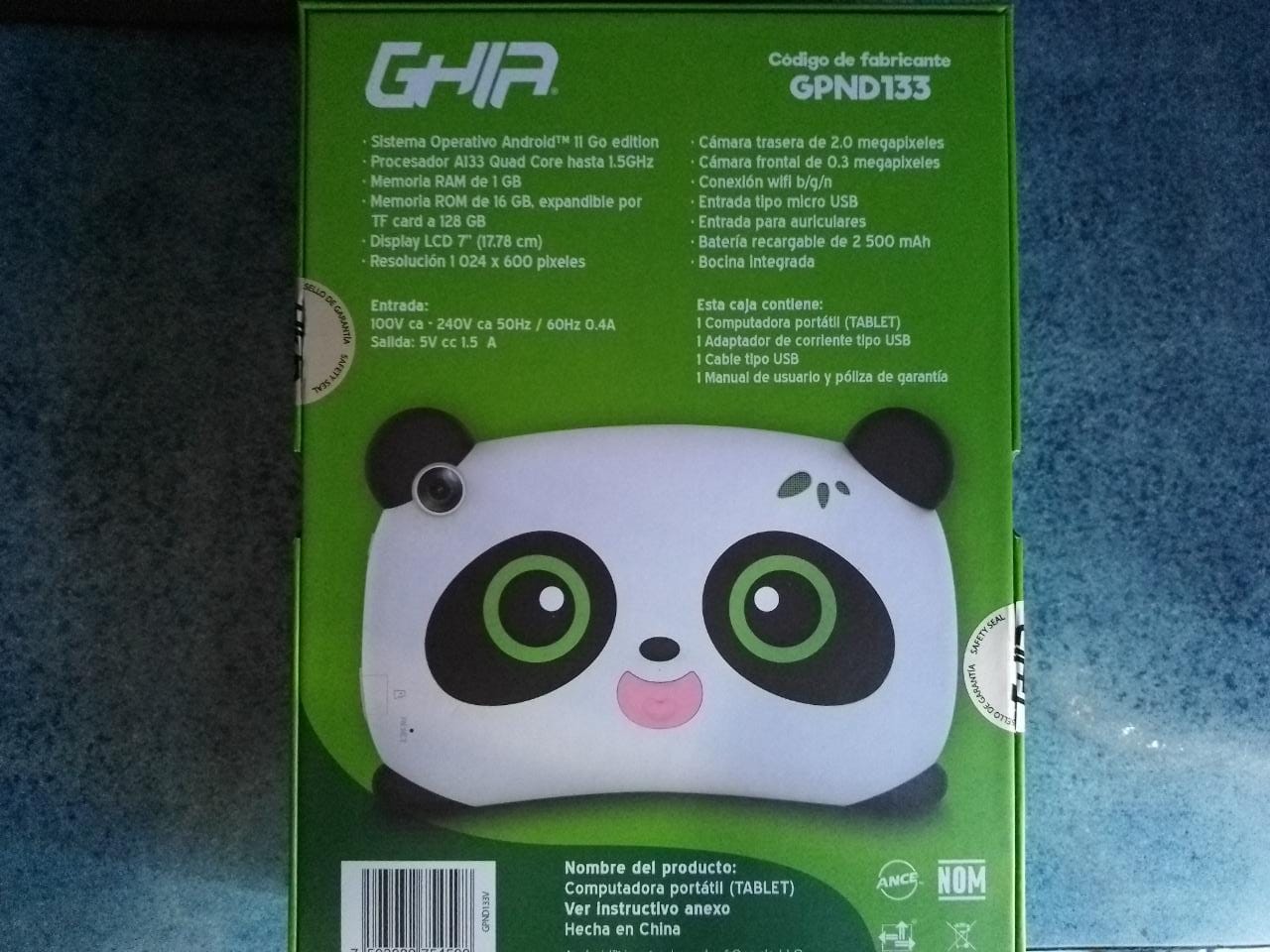 Tablet GHIA Panda GPND133V 7 Pulgadas Procesador A133 1GB RAM 16GB Almacenamiento Cámara Android 11
