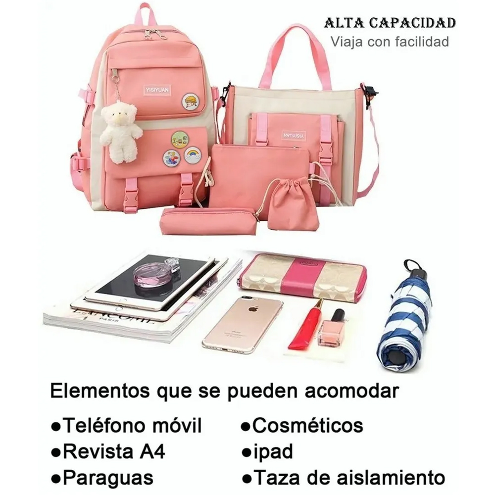 Set 5 Mochila Bolsas Escolar Estudiante Lapicera Tote Lona