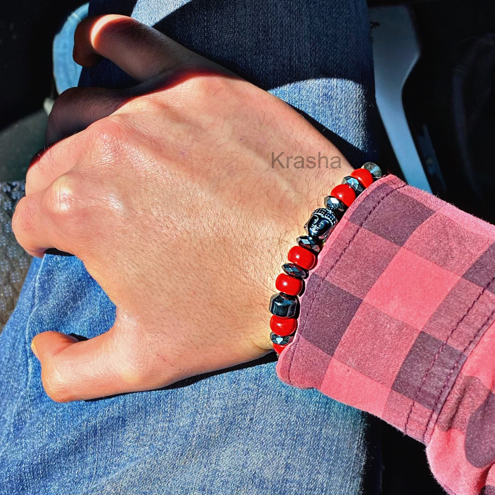 Pulsera Buda Krasha De Piedra Natural Roja Para Hombre