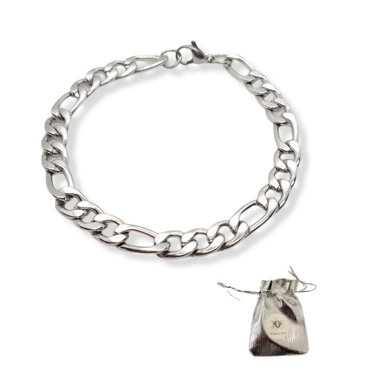 Esclava para hombre fígaro color plata, joyería de acero inoxidable