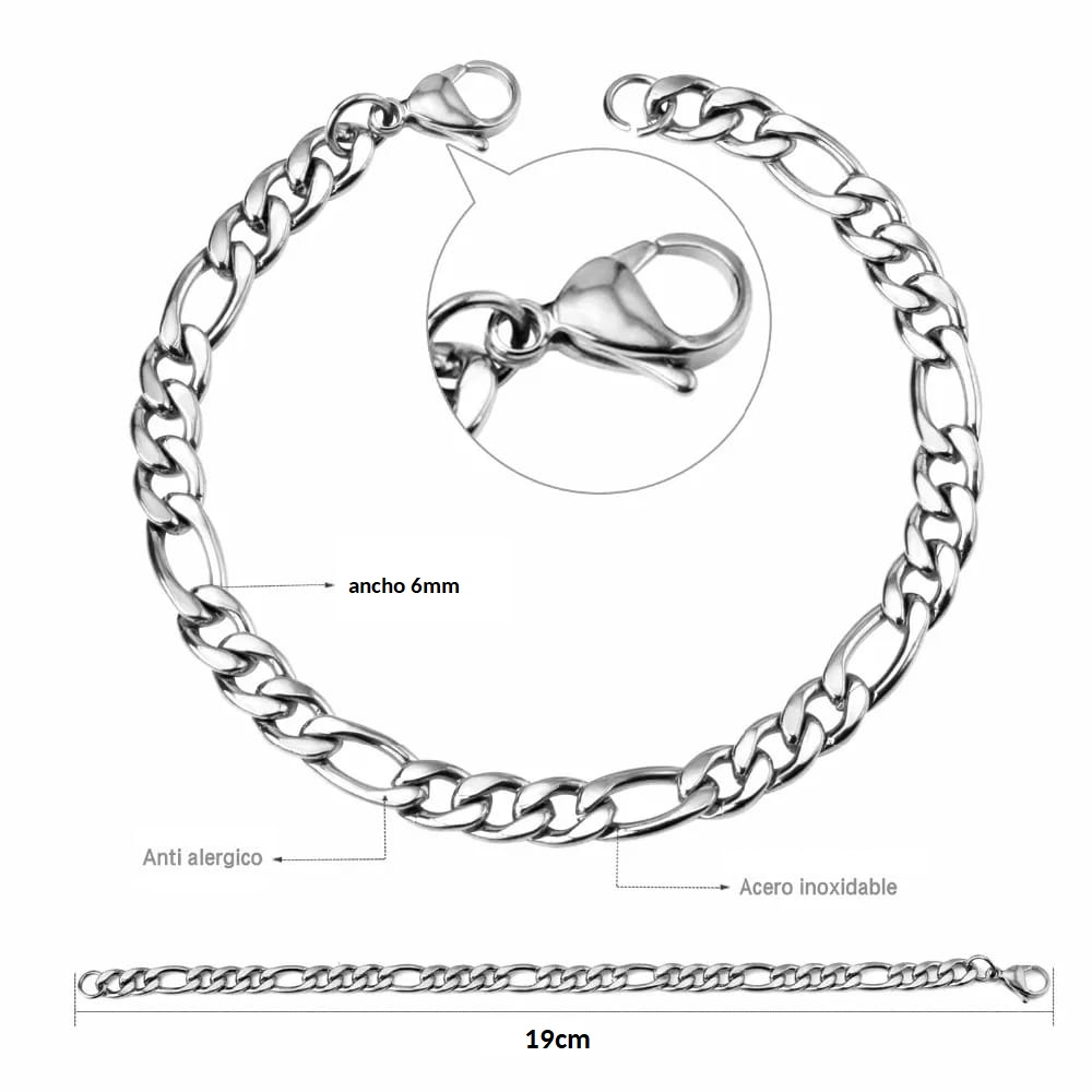 Esclava para hombre fígaro color plata, joyería de acero inoxidable