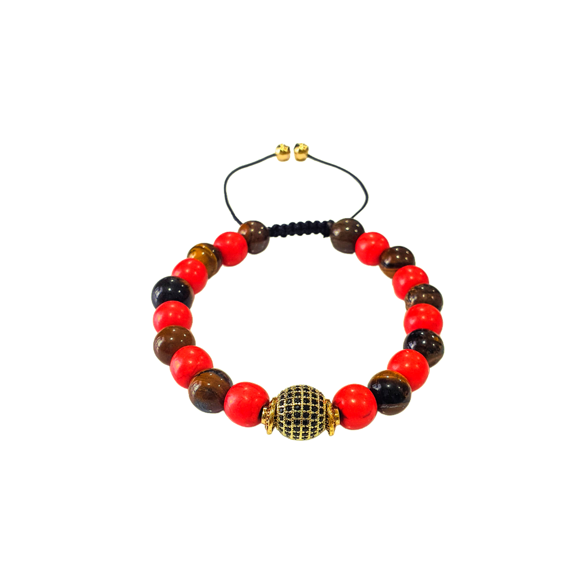 Pulsera roja hombre piedra ojo de tigre y esfera zirconia negra en chapa de oro de 14k