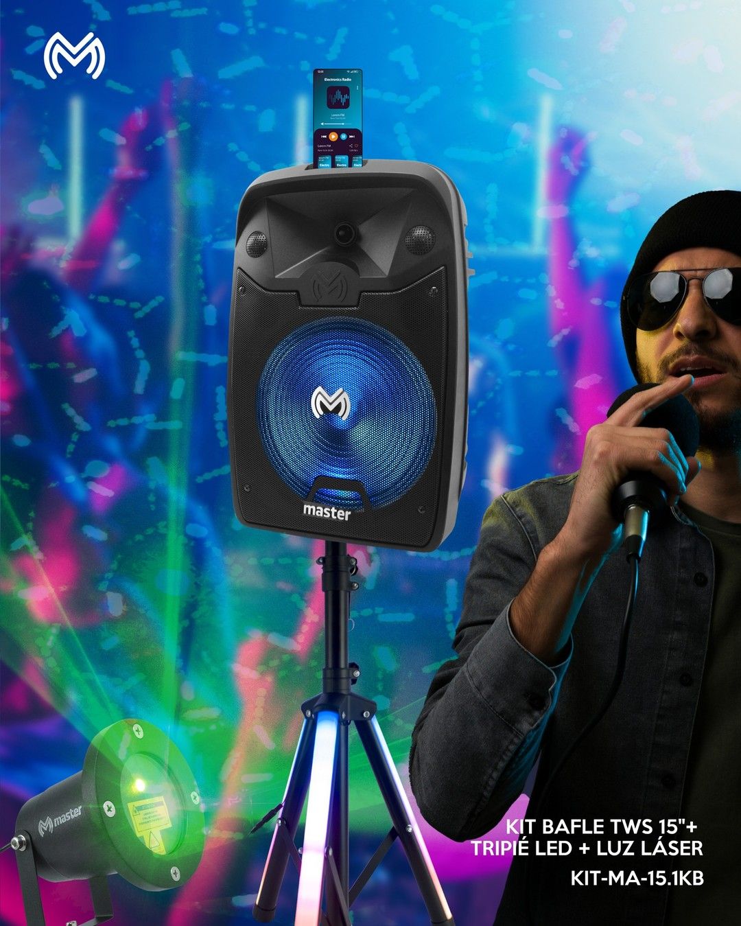 Paquete de Luz y Sonido para Fiestas y Eventos con Bafle de 15 Pulgadas de 15 000 Watts de Potencia Musical Tripie Luminoso Audioritmico y Dispositivo Emisor de Luz Laser para Jardin / Master / KIT-MA-15.1KB