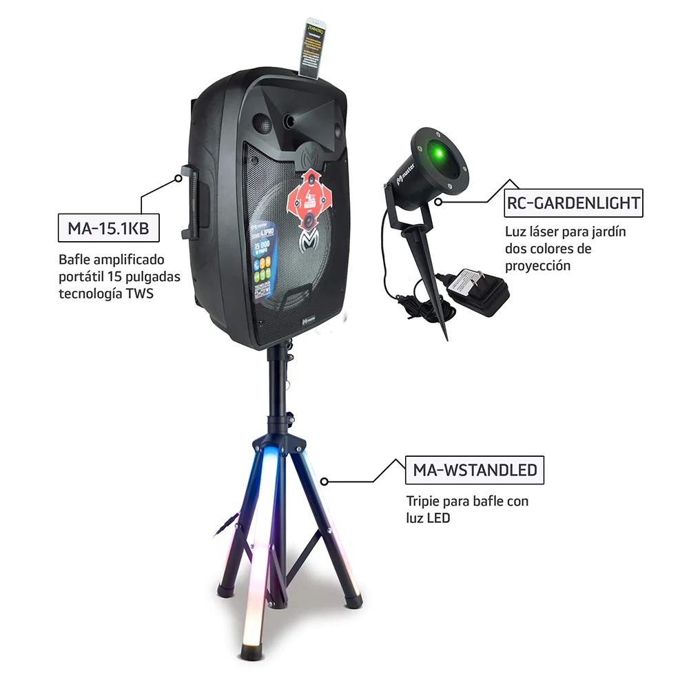 Paquete de Luz y Sonido para Fiestas y Eventos con Bafle de 15 Pulgadas de 15 000 Watts de Potencia Musical Tripie Luminoso Audioritmico y Dispositivo Emisor de Luz Laser para Jardin / Master / KIT-MA-15.1KB