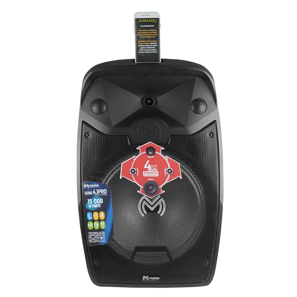 Paquete de Luz y Sonido para Fiestas y Eventos con Bafle de 15 Pulgadas de 15 000 Watts de Potencia Musical Tripie Luminoso Audioritmico y Dispositivo Emisor de Luz Laser para Jardin / Master / KIT-MA-15.1KB