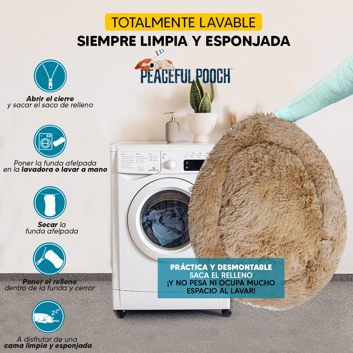 Cama mascotas para perro o gato antideslizante PEACEFULL POOCH Grande Tv Ofertas única con cierre, para un fácil retiro de funda y lavado, adaptable a todo tipo de clima  