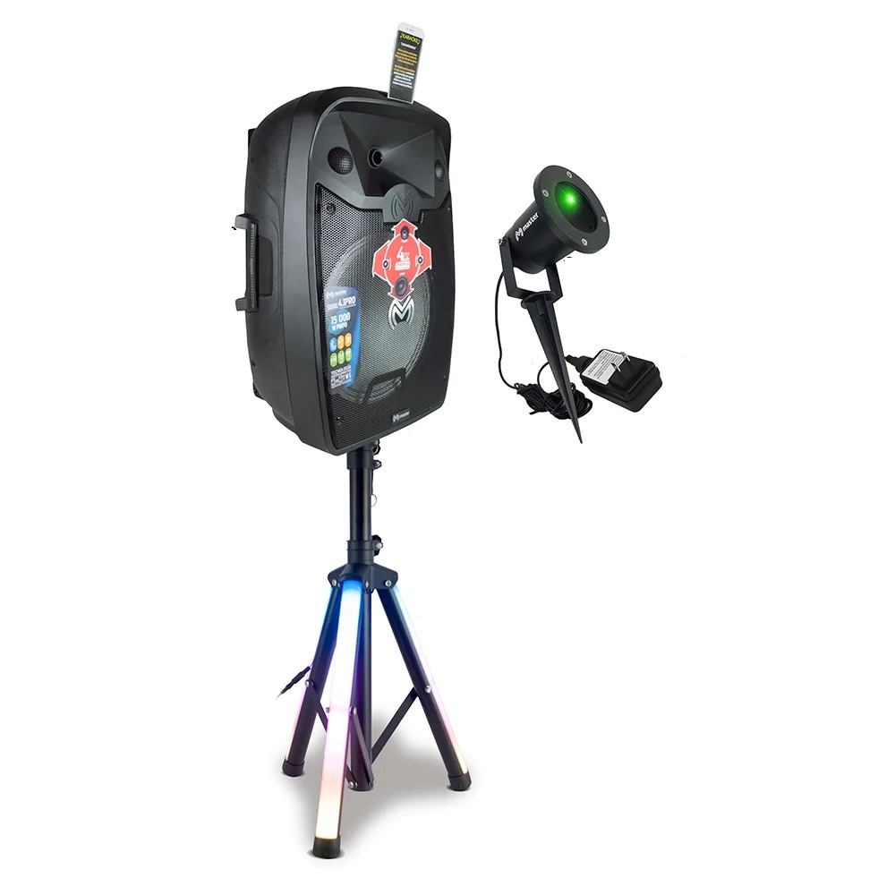 Paquete de Luz y Sonido para Fiestas y Eventos con Bafle de 15 Pulgadas de 15 000 Watts de Potencia Musical Tripie Luminoso Audioritmico y Dispositivo Emisor de Luz Laser para Jardin / Master / KIT-MA-15.1KB