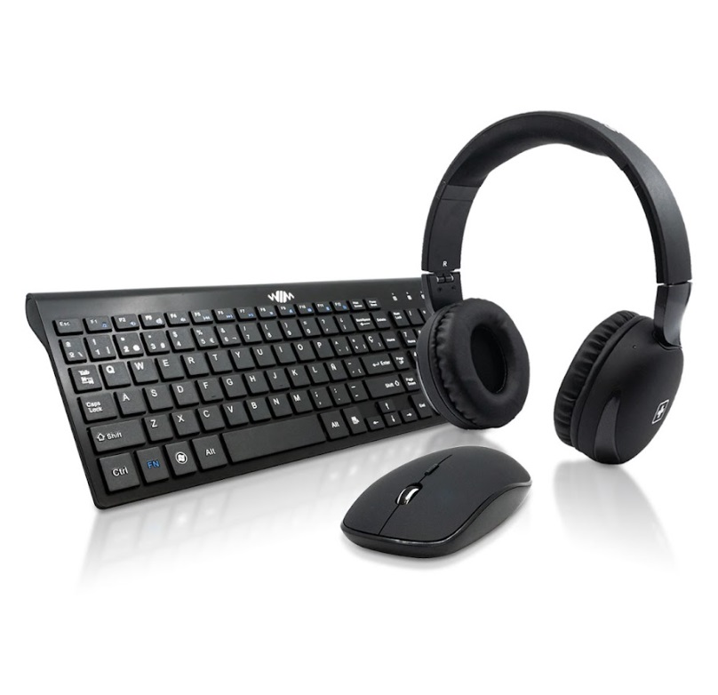 Teclado y Mouse Inalámbricos WIM  Delgado y Silencioso de 2,4 GHz + audifonos . Negro