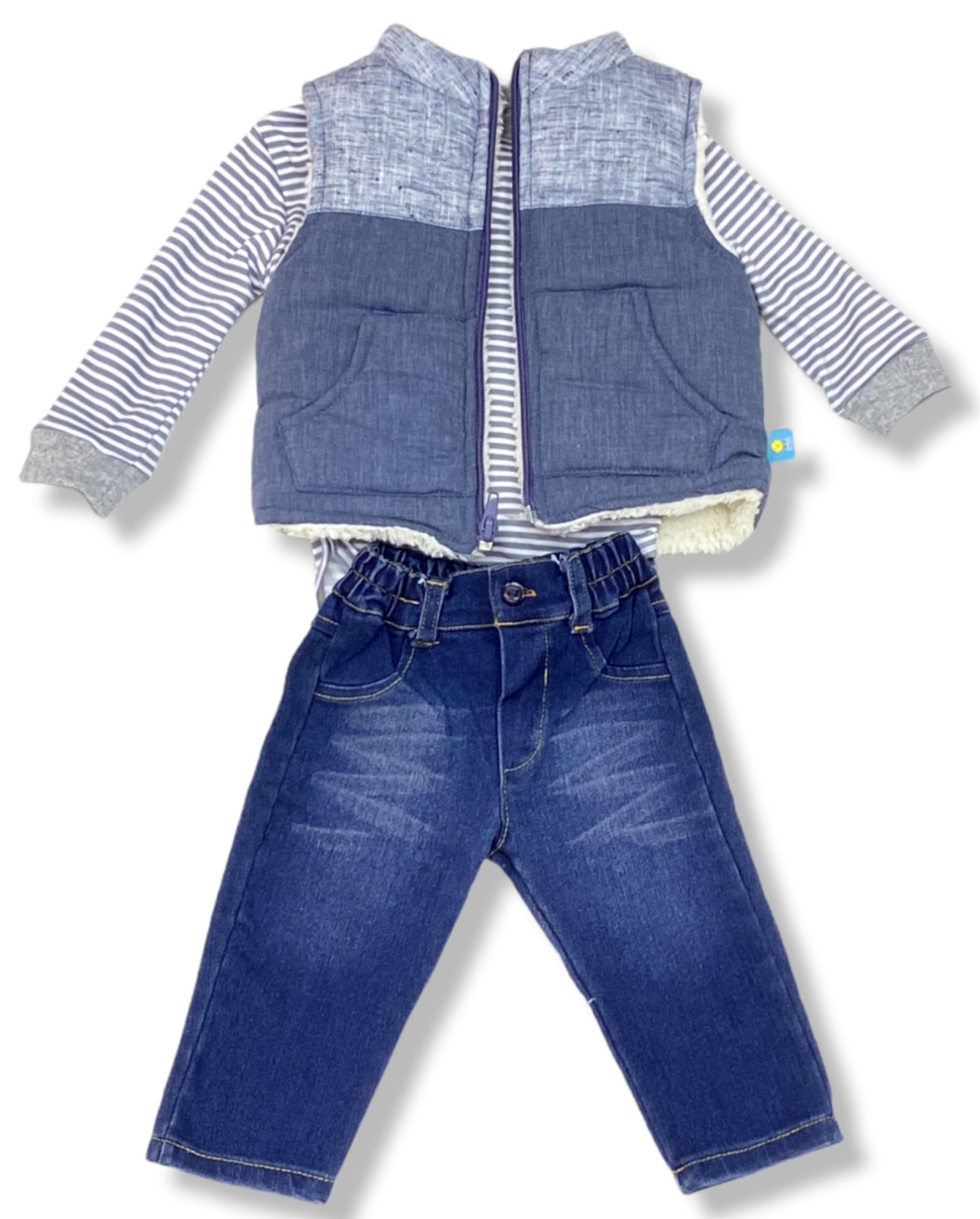 Conjunto 3p Pant Mezclilla, Pañalero Y Chaleco Borrega Bebé Niño