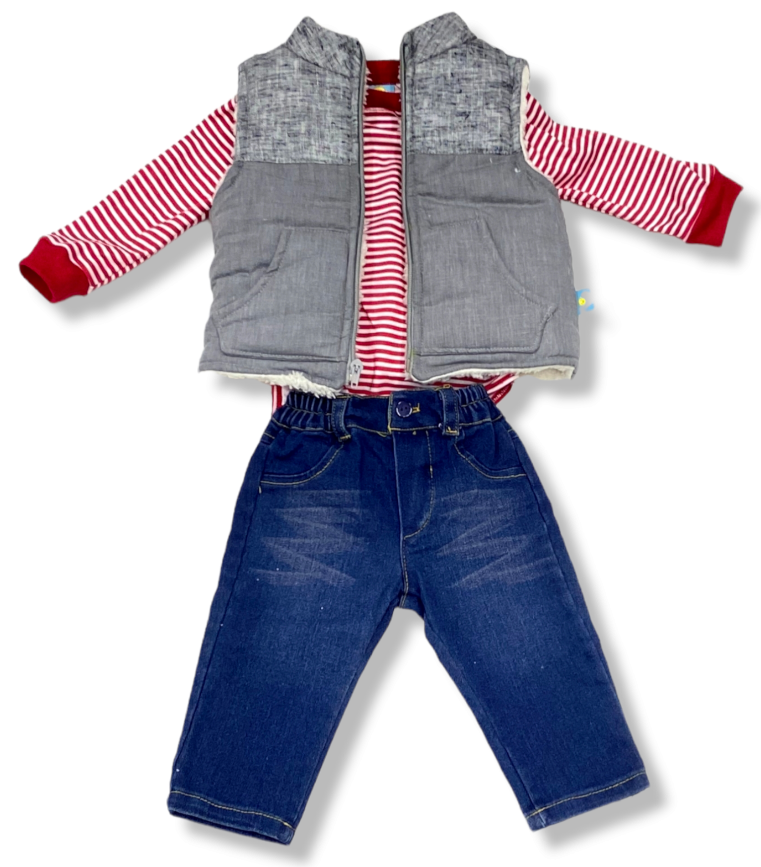 Conjunto 3p Pant Mezclilla, Pañalero Y Chaleco Borrega Bebé Niño