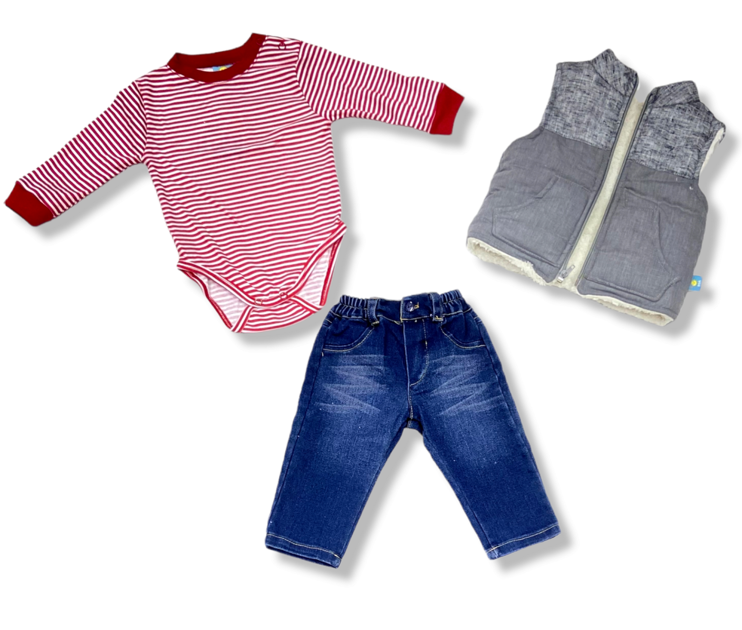 Conjunto 3p Pant Mezclilla, Pañalero Y Chaleco Borrega Bebé Niño