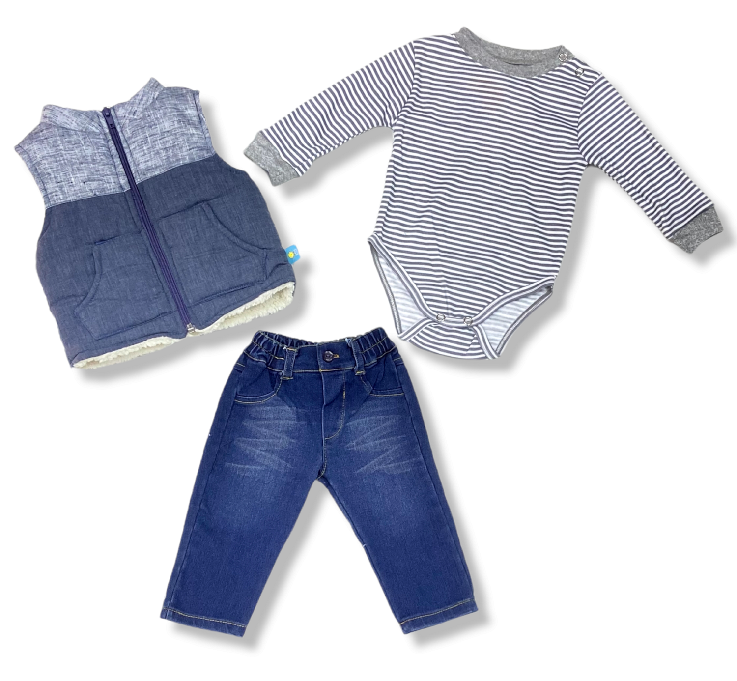 Conjunto 3p Pant Mezclilla, Pañalero Y Chaleco Borrega Bebé Niño
