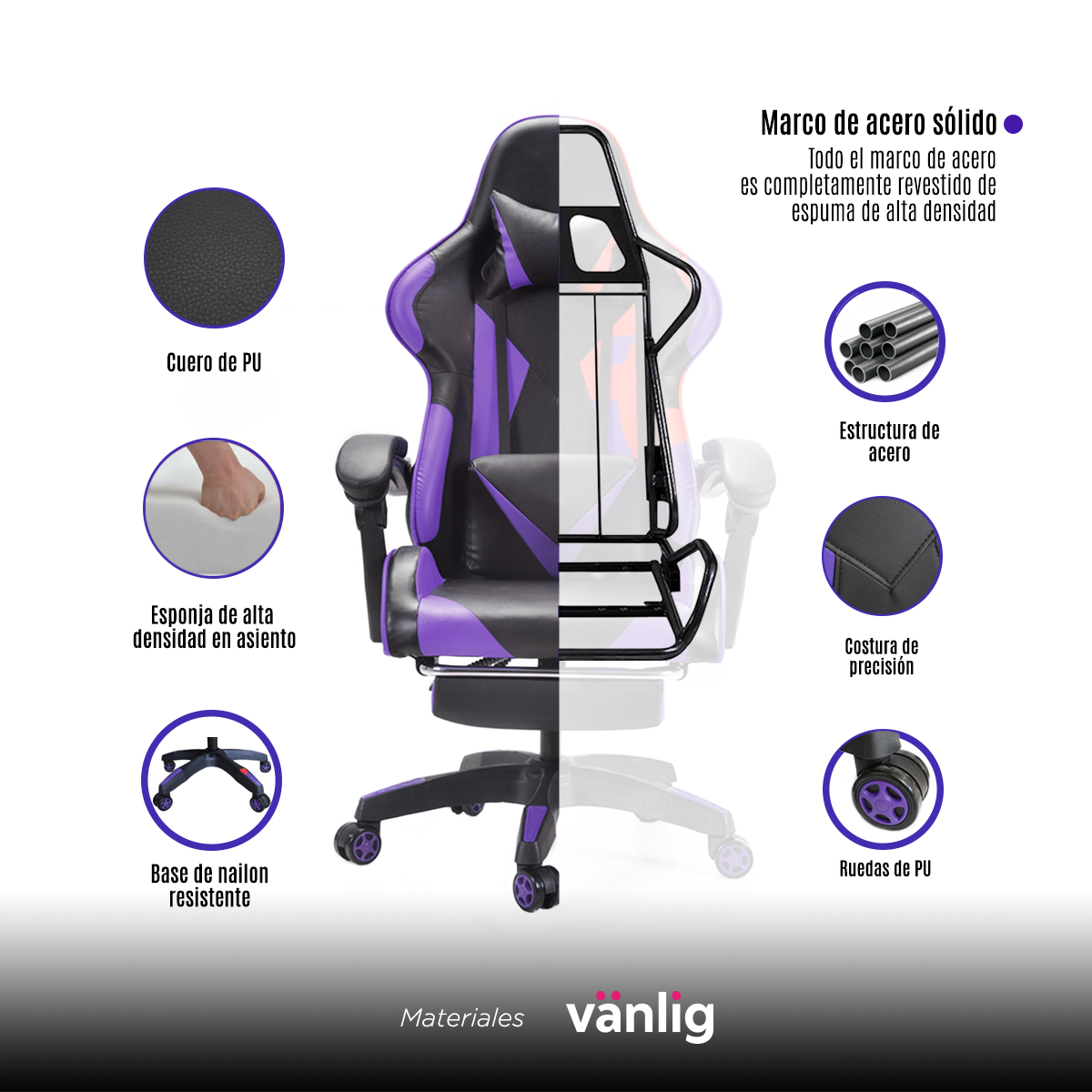 Silla Gamer Escritorio Ergonómica Morada Y Negra Con Tapizado De Cuero Sintético Streamer Twitch Xbox VANLIG