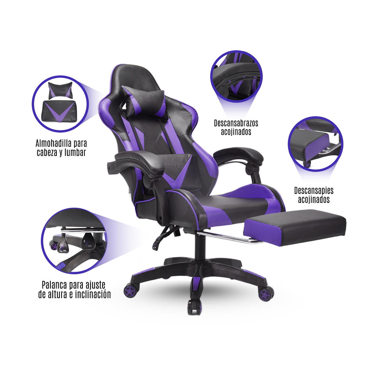 Silla Gamer Escritorio Ergonómica Morada Y Negra Con Tapizado De Cuero Sintético Streamer Twitch Xbox VANLIG