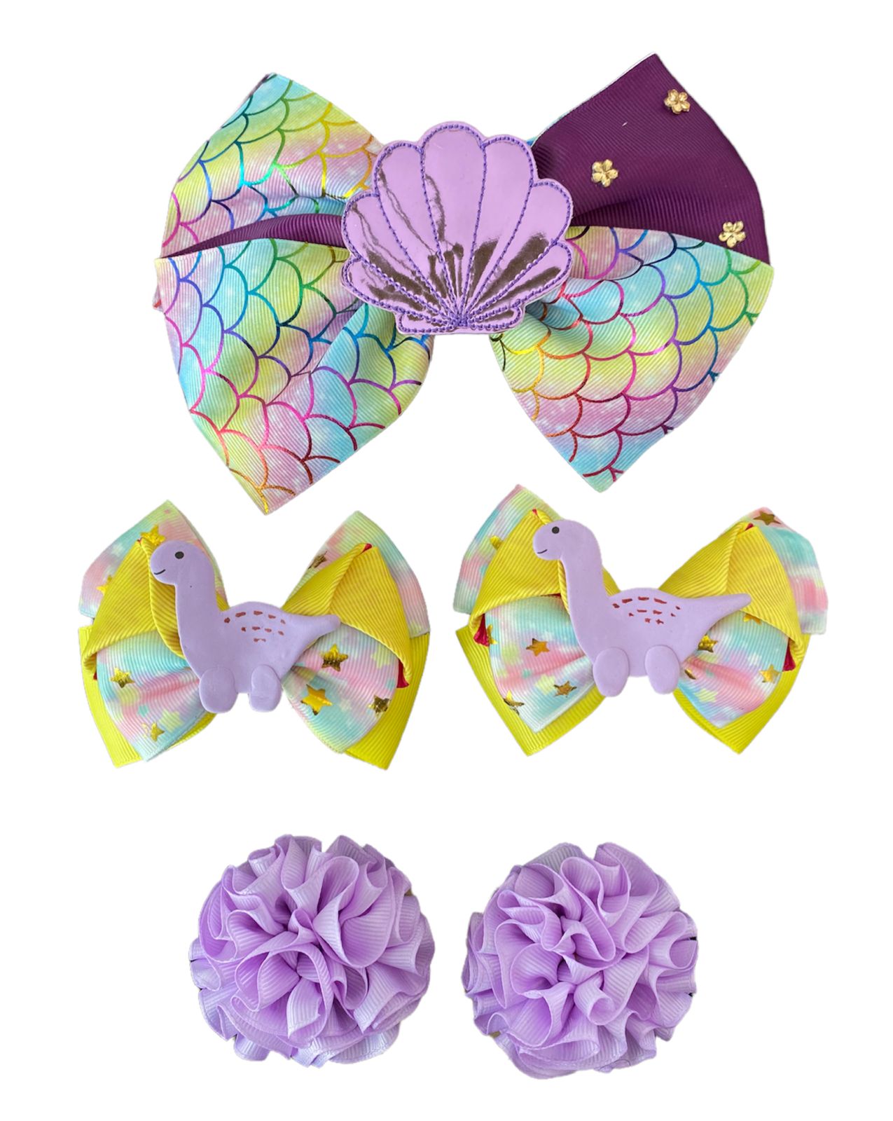 Set De Moños Para Niña Hecho A Mano. Modelo -sirena/dino-