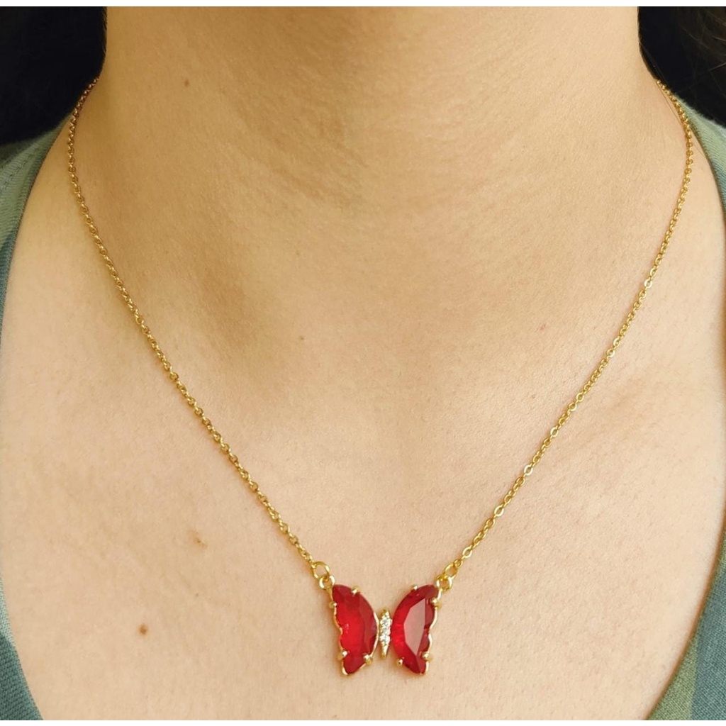 Collar de mariposa color rubí para mujer, Joyería de acero inoxidable