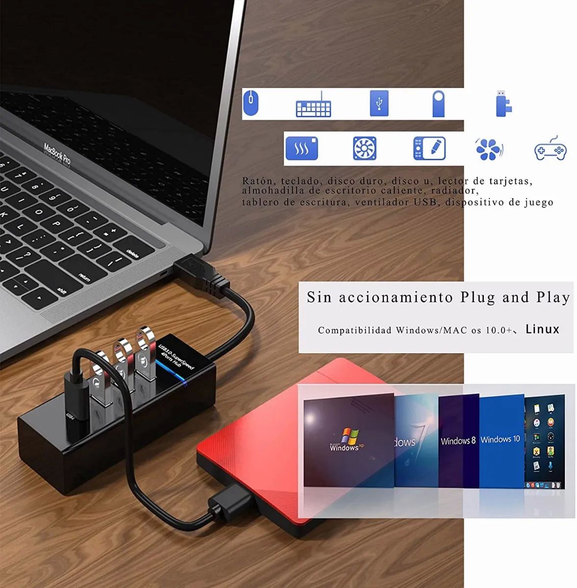 Hub Usb 3.0 4 Puertos Expansor Multi Para Laptop Pc 4 En 1