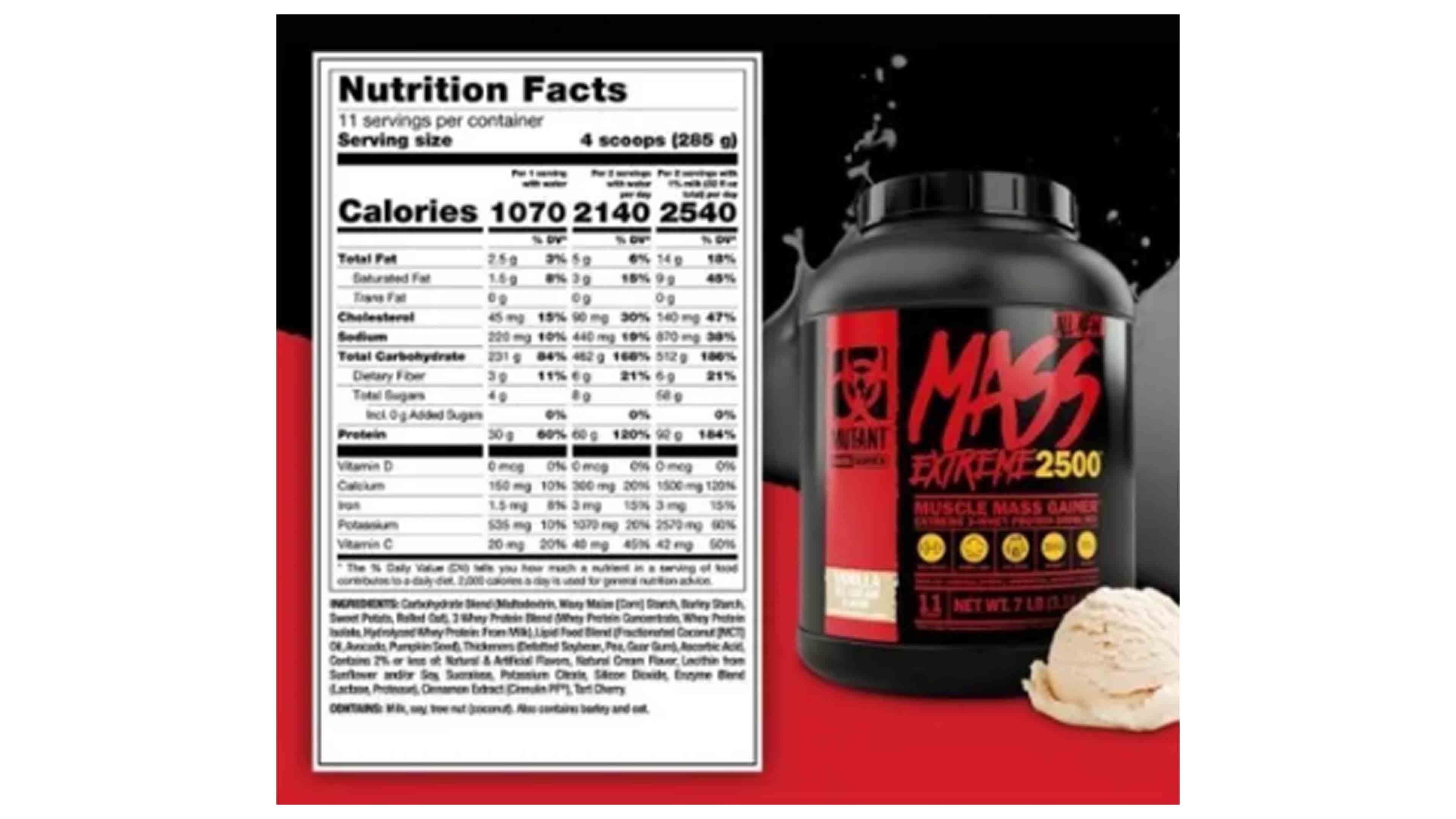 Proteina Ganador de Peso Mutant Mass Xxxtreme 2500 12lbs Sabor Vainilla 19 servicios Gainer Mutant