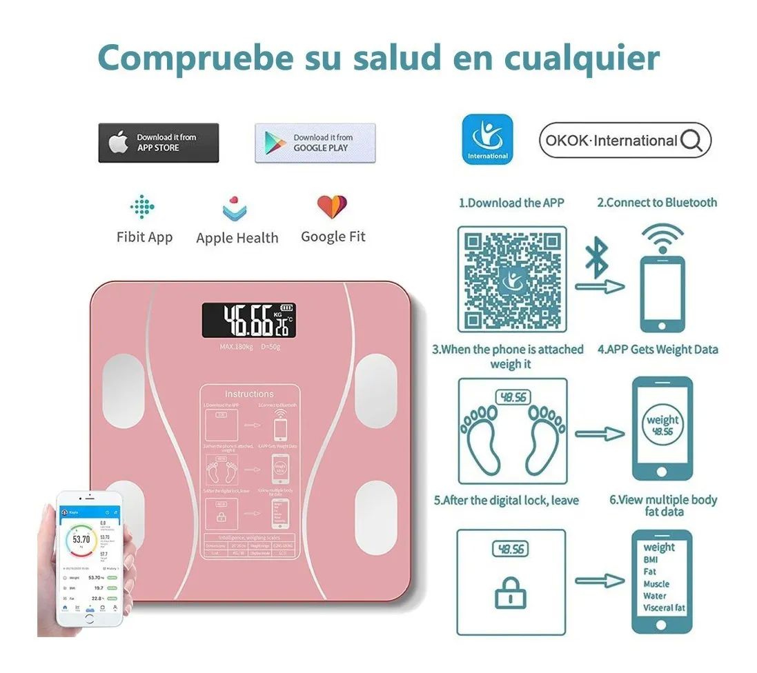 Bascula De Grasa Corporal Inteligente Recargable Rosa 