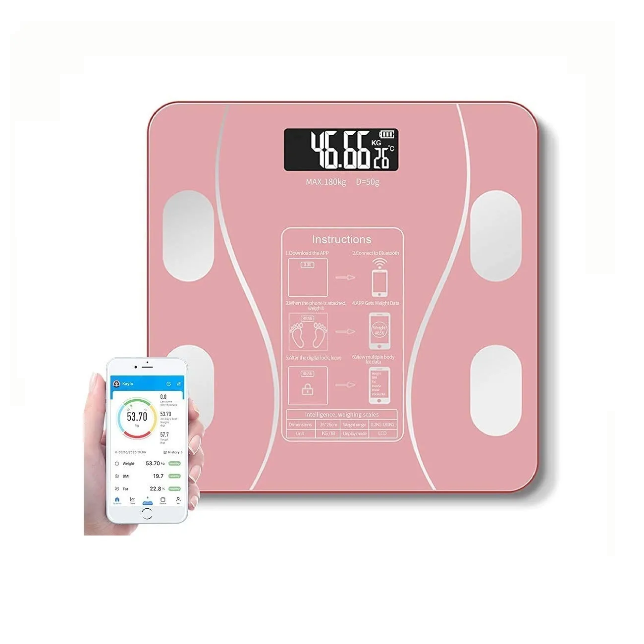 Bascula De Grasa Corporal Inteligente Recargable Rosa 