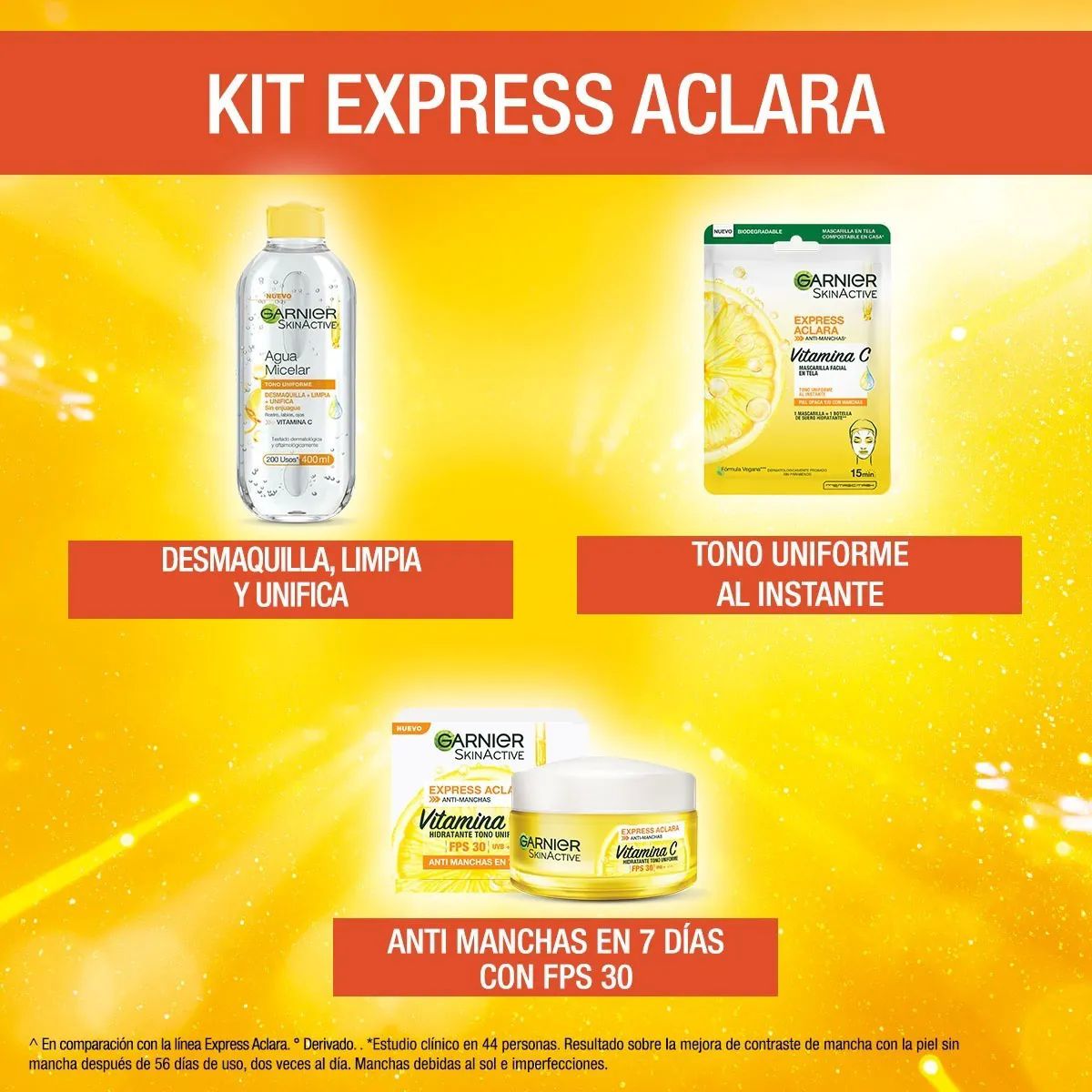 Kit Garnier Express Aclara: Crema + Agua Micelar + Mascaras