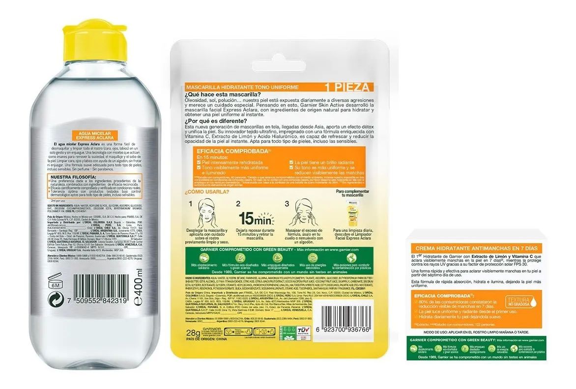Kit Garnier Express Aclara: Crema + Agua Micelar + Mascaras