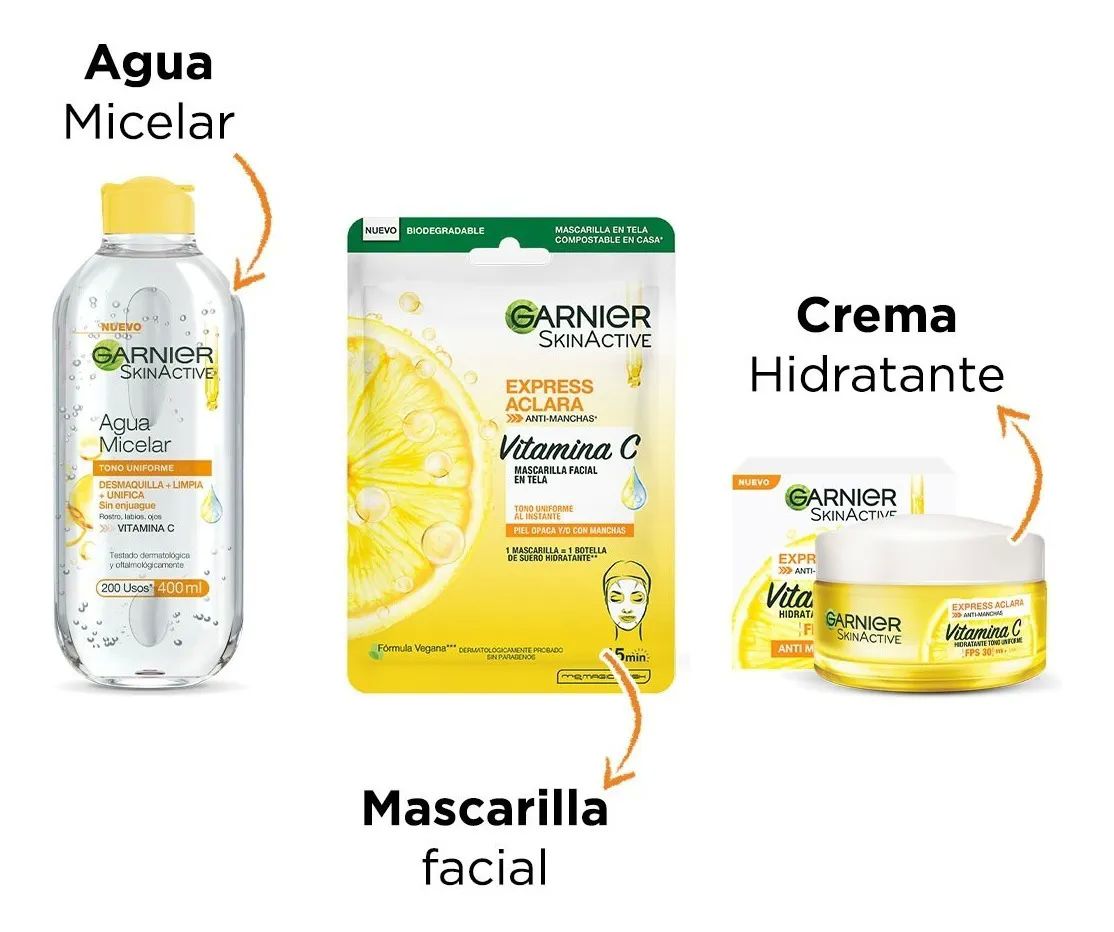 Kit Garnier Express Aclara: Crema + Agua Micelar + Mascaras