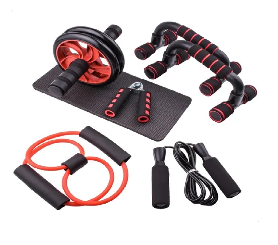 Kit Rodillo Abdominal Barras Push-up Cuerda Ejercitador Mano