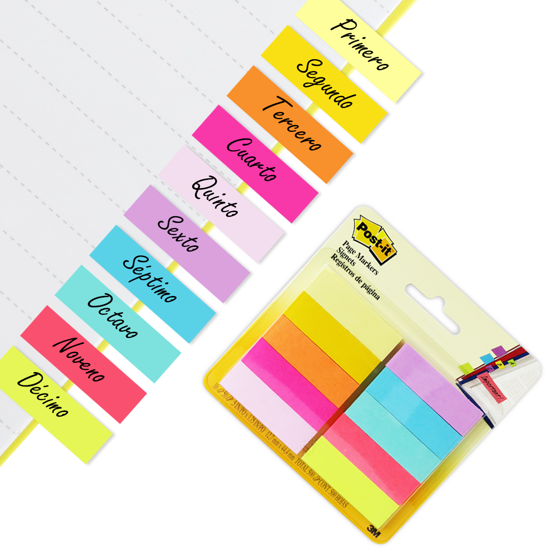BANDERITAS ADHESIVAS DE PAPEL POST-IT 3M 10 COLORES 12.7mm x 44.5mm