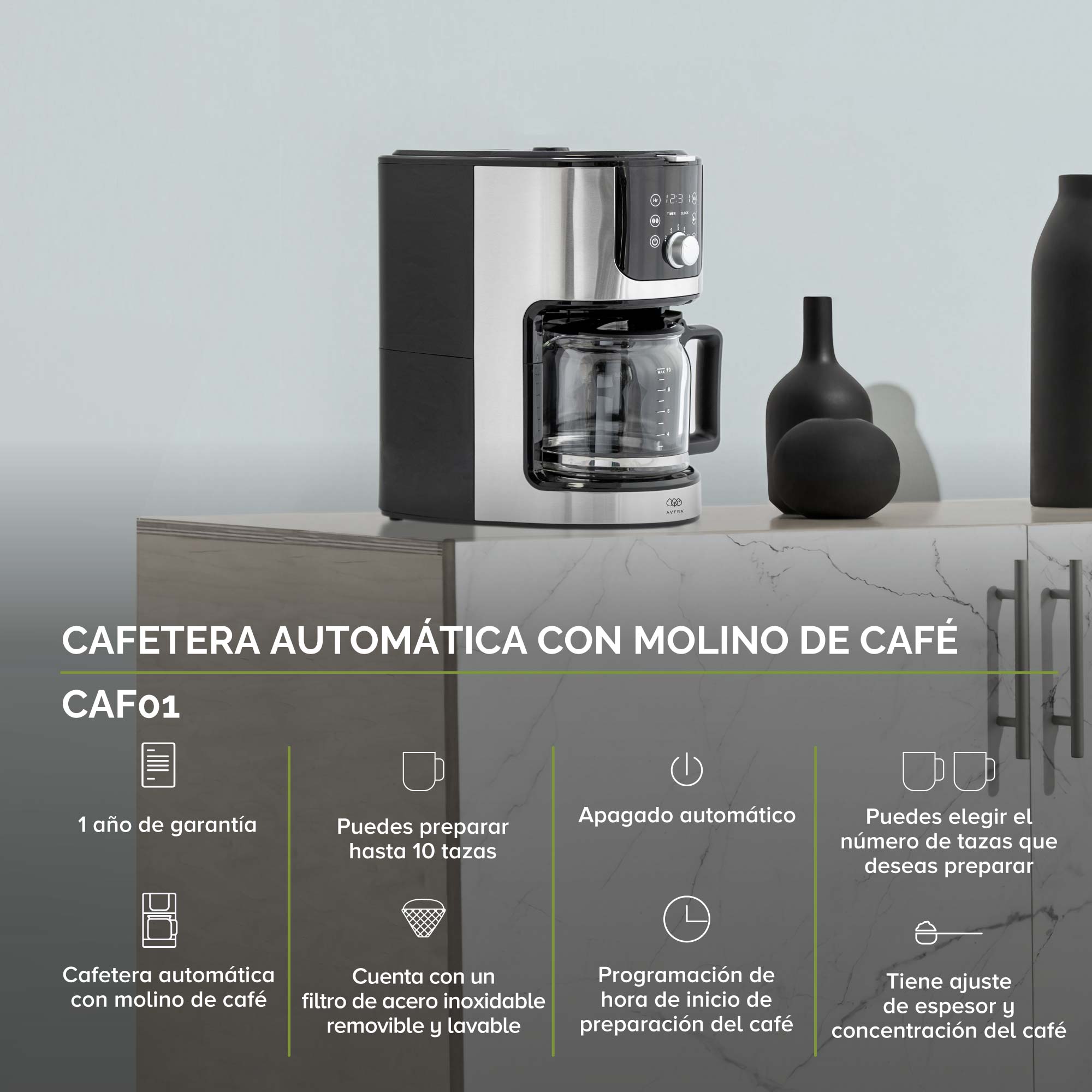 Cafetera con molino integrado de 6 tazas negro y gris MARCA