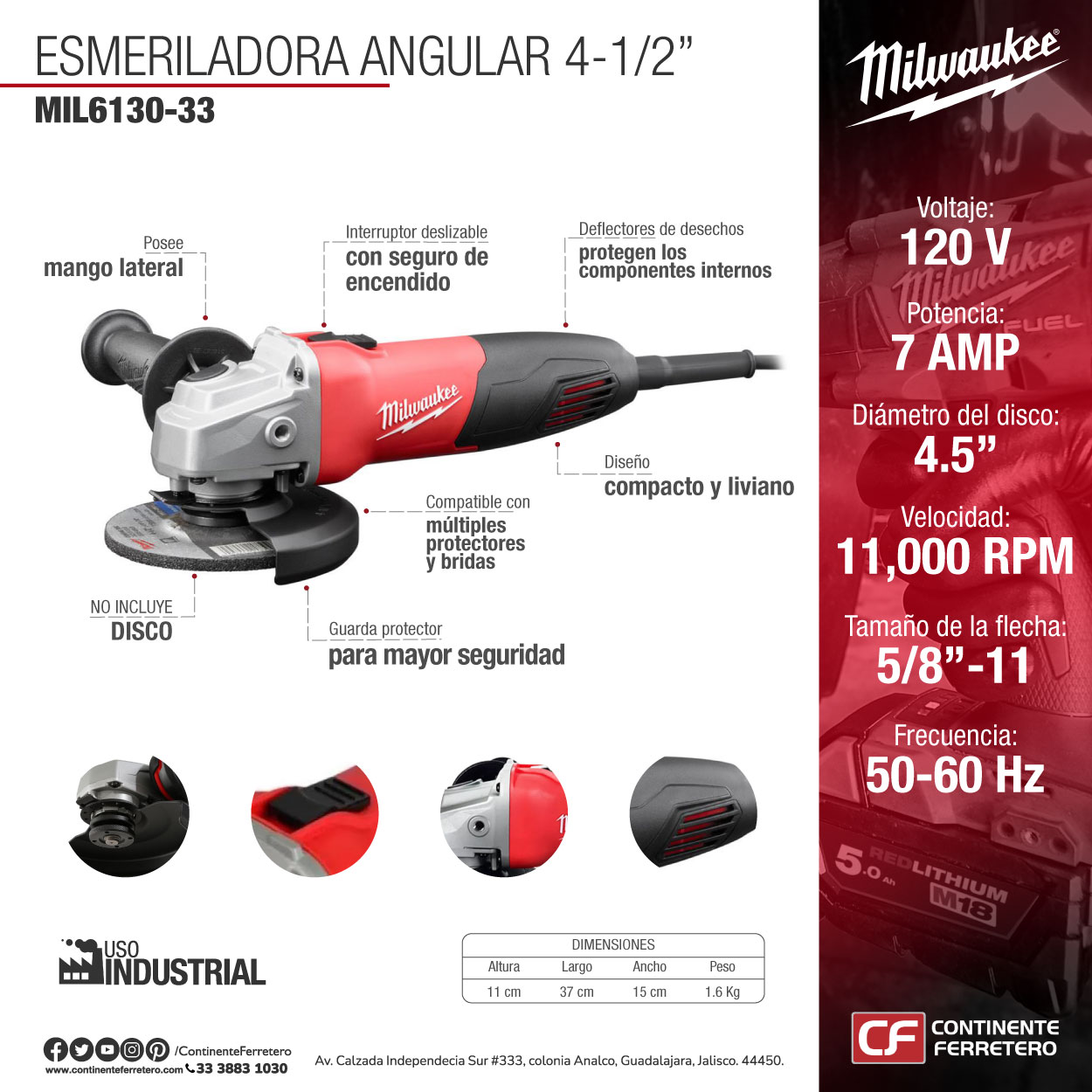 Esmeriladora Angular 4-1/2" 12,000 Rpm 7 Amperes Milwaukee 6130-33