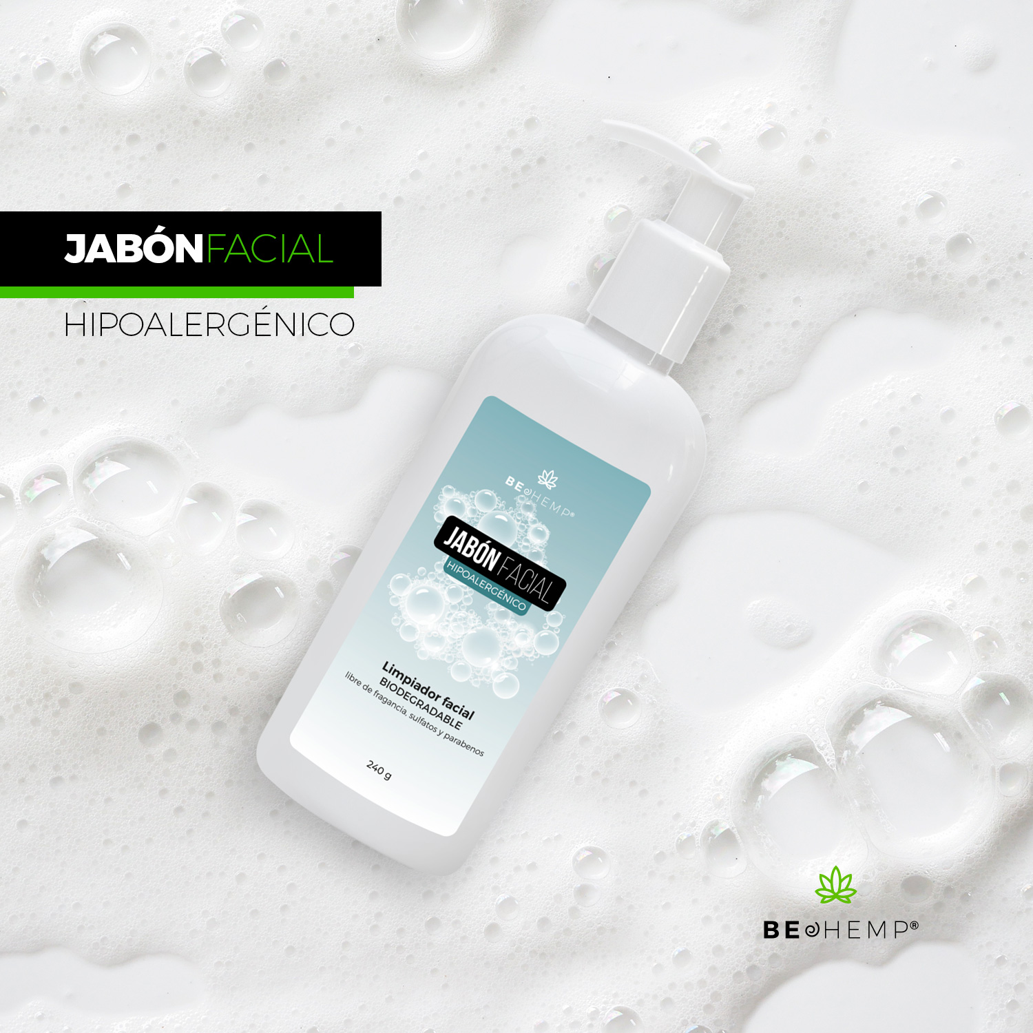 Jabón facial hipoalergénico para piel rosácea, dermatitis 250 g Beohemp