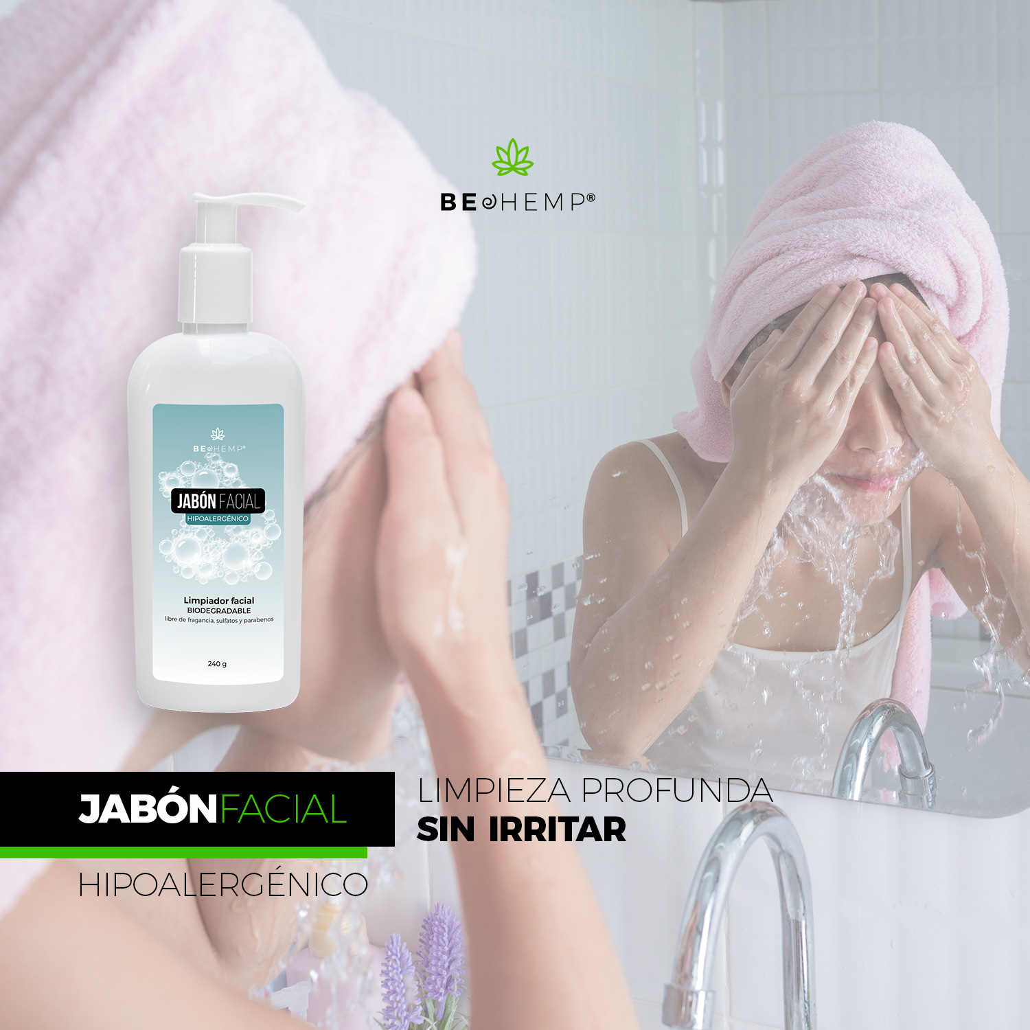 Jabón facial hipoalergénico para piel rosácea, dermatitis 250 g Beohemp