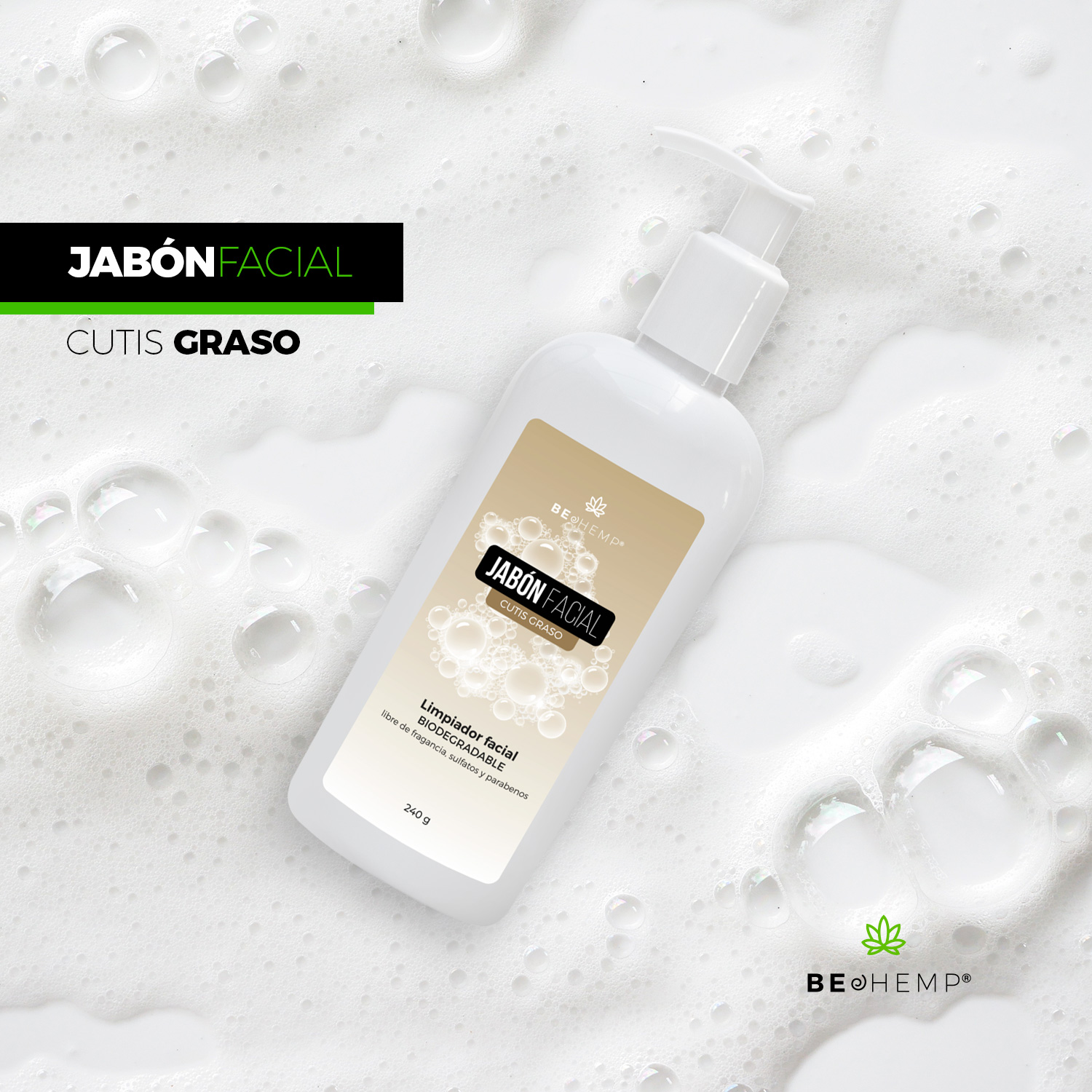 Jabón facial cutis graso biodegradable 250g Beohemp