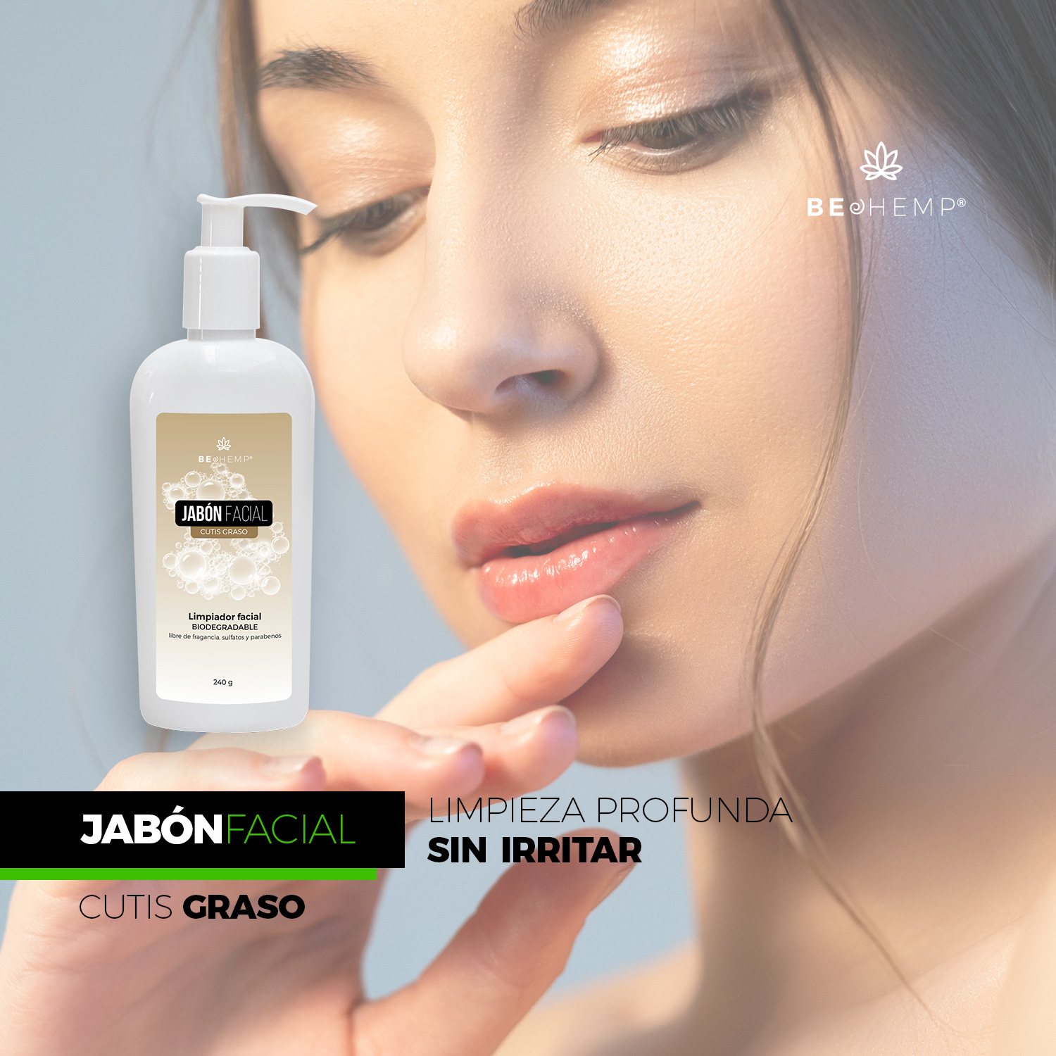 Jabón facial cutis graso biodegradable 250g Beohemp