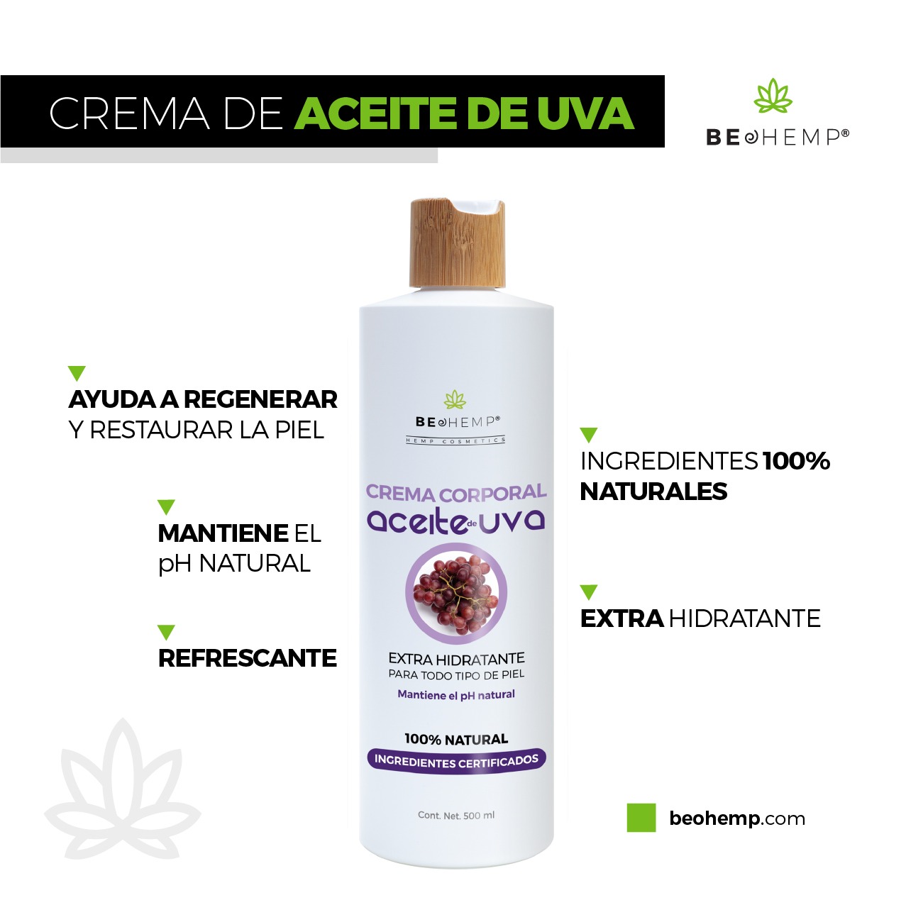 Crema corporal de uva, humectación intensiva 500 ml Beohemp