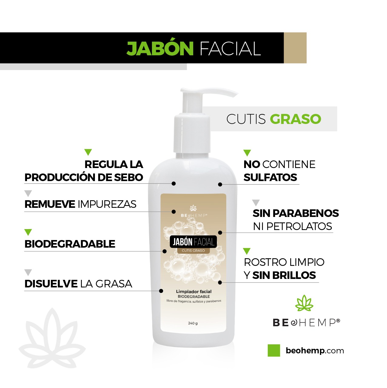 Jabón facial cutis graso biodegradable 250g Beohemp